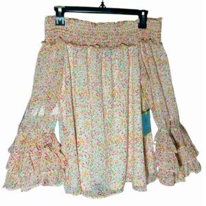 NWT CeCe Off Shoulder Smocked Floral Ruffle Cuff Blouse L Romantic Boho